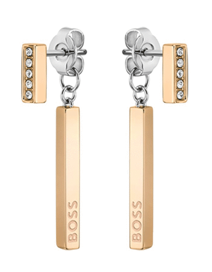 HUGO BOSS GOLD-TONE BAR EARRINGS WITH CRYSTALS AND LOGOS 1580283