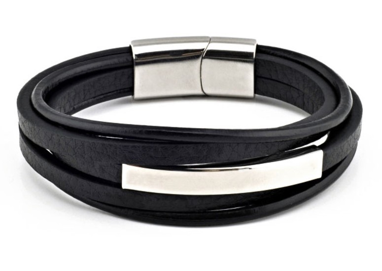 BLACK LEATHER BRACELET WITH 5 SINGLE LINES AND SILVER STEEL PLATE BY MENVARD MV1009