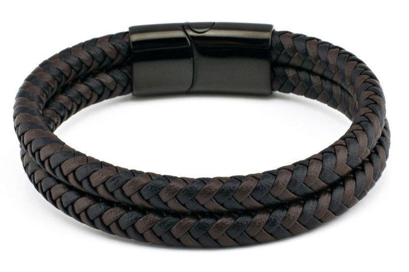 DOUBLED BLACK-BROWN INTERTWINED BRACELET WITH STAINLESS STEEL CLASP BY MENVARD MV1016