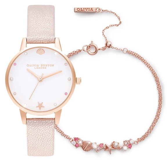 Olivia Burton White Dial Sparkle Markers, Sparkle Pink & RG Watch With Pink & RG Bracelet OBGSET141